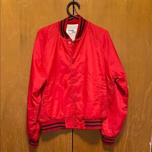 Vintage Chalk Line Red/Black Satin Bomber Jacket Snap Front